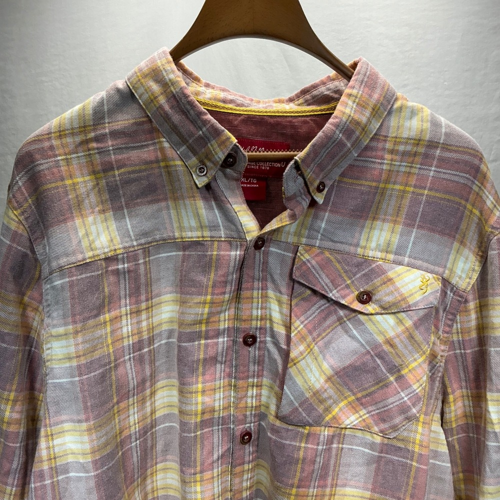 John John Browning Flannel Shirt Plaid Button Up Long Sleeve Pink Yellow Mens XL